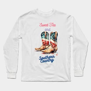 Country Western Patriotic Cowboy Boots Design Long Sleeve T-Shirt